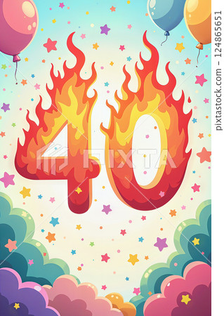 Colorful 40th birthday celebration with balloons and stars. 124865651