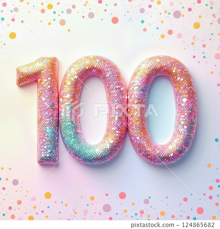 Celebratory 100 with glittery background. 124865682