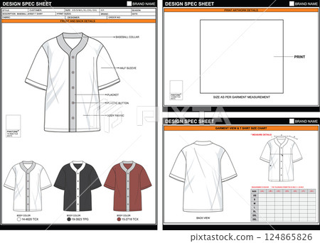 BASEBALL JERSEY T SHIRT EASY EDITABLE EMPTY TECHPACK MEASUREMENT LAYOUT TEMPLATE DESIGN.eps 124865826