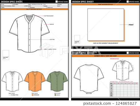 BASEBALL JERSEY EASY EDITABLE EMPTY TECHPACK MEASUREMENT LAYOUT TEMPLATE DESIGN.eps 124865827
