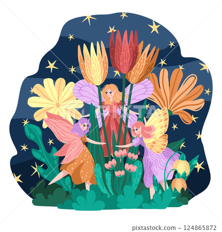 Vector of fairies dancing in fantasy garden with bright flowers. Starry night sky and lush foliage background. Magical garden scene with winged girls in round dance. Fairy tale prints and cards 124865872