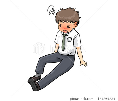 An empty-handed office worker sitting down in poor health due to heatstroke An empty-handed office worker sitting down in poor health due to heatstroke 124865884