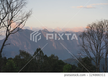 landscape and travel concept with sunlight and cloudy sky with mountain landscape and travel concept with sunlight and cloudy sky with mountain 124866311