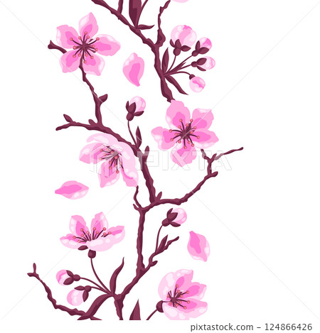 Pattern with spring flowers. Apple, sakura or cherry blossom. Beautiful decorative blooming plants. 124866426