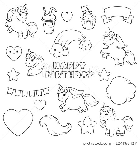 Unicorns and party items. Happy birthday decorative objects. Unicorns and party items. Happy birthday decorative objects. 124866427