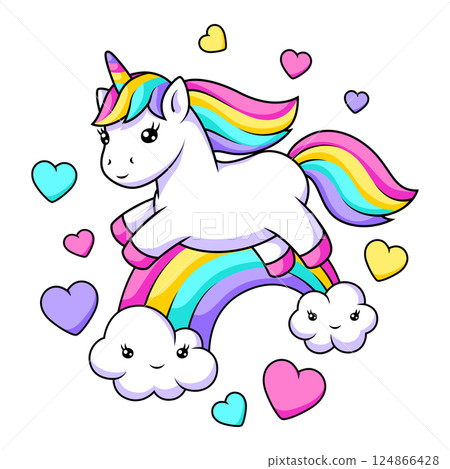 Print with unicorn. Happy birthday party design. Print with unicorn. Happy birthday party design. 124866428