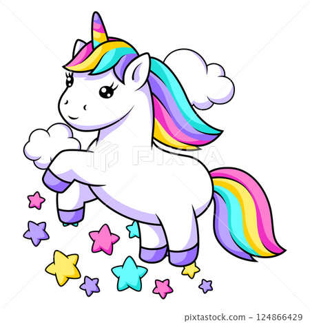 Print with unicorn. Happy birthday party design. 124866429