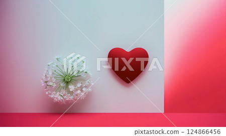 A red heart and a white flower on a pink and white background 124866456