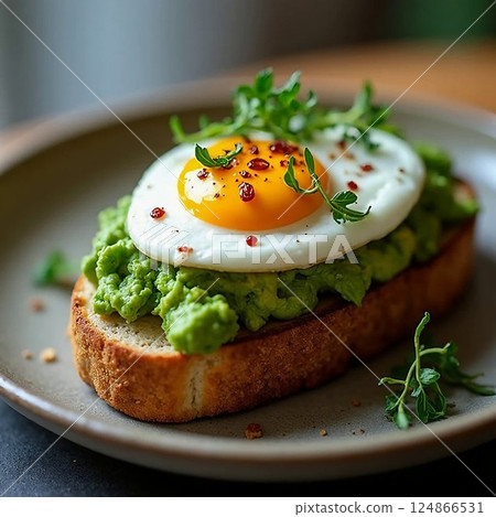 A stylish and sharp image of trendy avocado toast, perfect for modern food blogs and healthy eating themes. 124866531