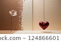 A vibrant red heart is hanging gracefully from a string beside a flower 124866601