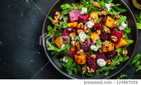 Colorful beet salad with arugula, goat cheese, and walnuts 124867059