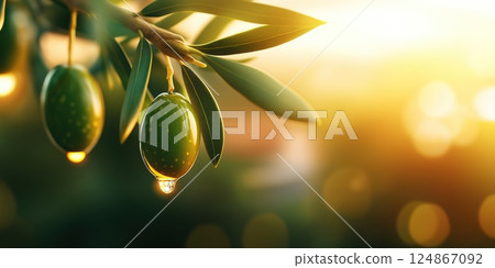 Ripe green olives hanging from branch at sunset, with drop of oil, copy space Ripe green olives hanging from branch at sunset, with drop of oil, copy space 124867092