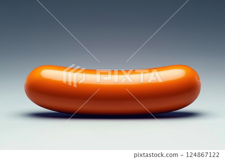Glossy sausage on smooth grey surface, highlighting its vibrant color and sleek design 124867122
