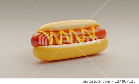 Appetizing hot dog with mustard on minimalistic gray background, showcasing its delicious appeal  124867123
