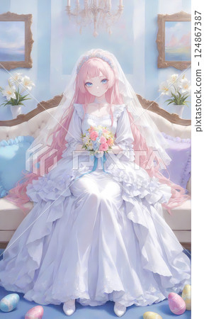 Easter Bride. Pink-haired girl sitting on an antique chair / watercolor-style manga-style AI illustration 124867387