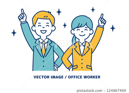 Vector illustration of young male and female office workers rejoicing at achieving their goals_Line editable Vector illustration of young male and female office workers rejoicing at achieving their goals_Line editable 124867409