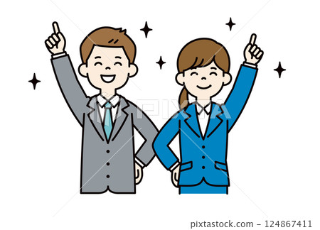 Vector illustration of young male and female office workers who are happy to achieve their goals _ _ Line editing possible _ Color 124867411