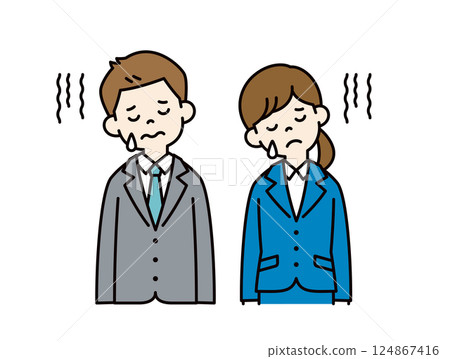 Vector illustration of young male and female office workers feeling depressed_Line editable_Color 124867416