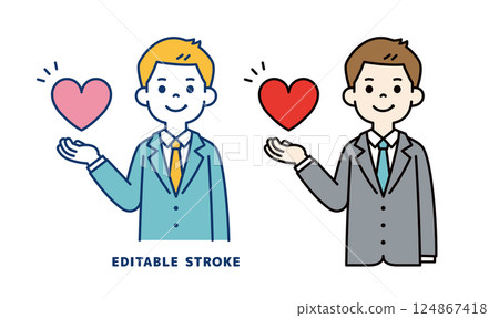 Vector illustration of a young businessman holding a heart in one hand_Line editable 124867418