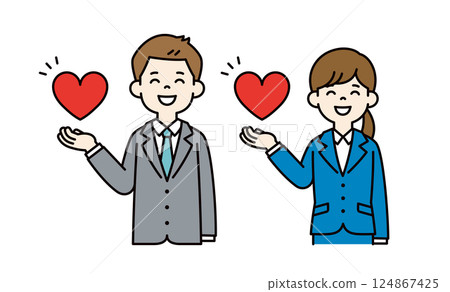 向量插圖集的年輕男性和女性辦公室職員微笑著，做著愛心_線條可編輯_顏色 124867425