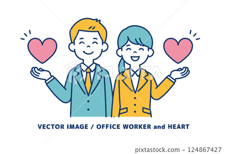 Vector illustration of young male and female office workers smiling and making hearts - line editable 124867427