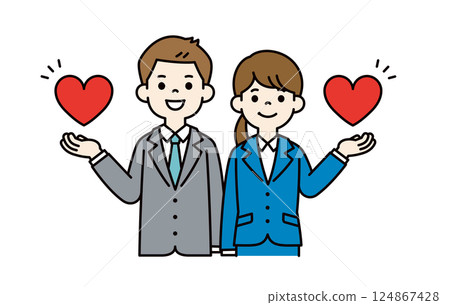 Vector illustration of young male and female office workers holding a heart in one hand_Line editable_Color Vector illustration of young male and female office workers holding a heart in one hand_Line editable_Color 124867428