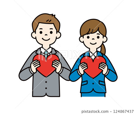 Vector illustration of young male and female office workers holding hearts in both hands_Line editable_Color Vector illustration of young male and female office workers holding hearts in both hands_Line editable_Color 124867437