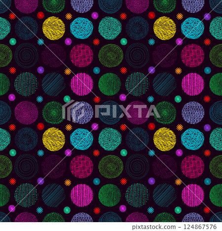 Seamless background with colored graphic circles. Hand drawing. Not AI, Vector illustration 124867576