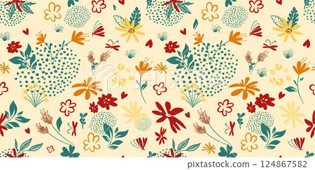 Seamless beige background of simple beautiful flowers. hand drawing. Not AI, Vector illustration 124867582