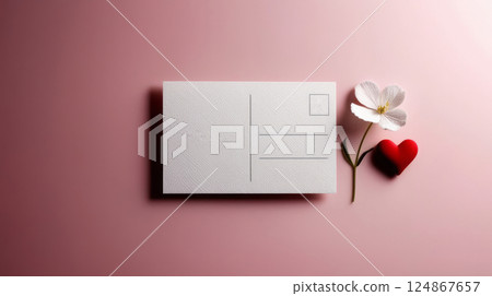 A white postcard with a flower and red heart on pink background 124867657