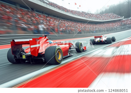 Racing cars rushes along the race track at high speed against the background of the stands 124868051
