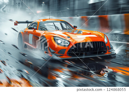 Red high-speed racing car races along the wet track of a sports complex 124868055