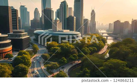 panorama of skyscrapers in the evening 124868211