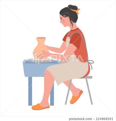 Vector illustration of a woman who molds a clay vase on a potter's wheel. Ceramics is a good art therapy for adults. for finding harmony. Vector illustration of a woman who molds a clay vase on a potter's wheel. Ceramics is a good art therapy for adults. for finding harmony. 124868501