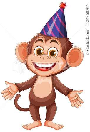 Cheerful Monkey with Party Hat Illustration 124868704