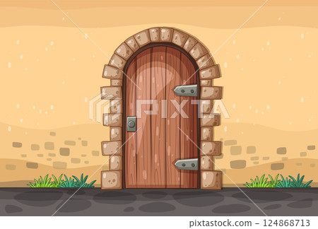 Rustic Wooden Door in Stone Wall 124868713