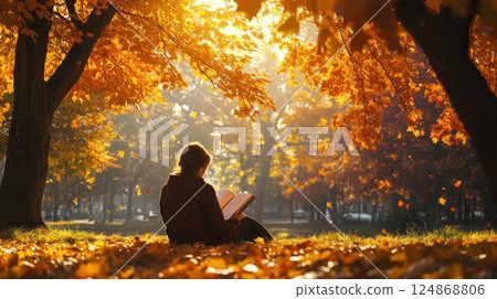 Woman reading a book in autumn park, surrounded by golden leaves and sunlight. 124868806