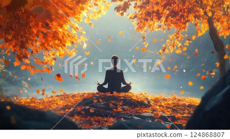 Person meditating in lotus position amidst falling autumn leaves. Person meditating in lotus position amidst falling autumn leaves. 124868807