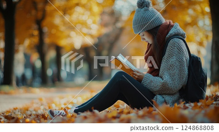 Young woman sits on autumn leaves in park, reading a book. 124868808