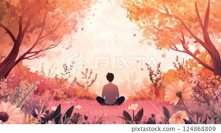 Man meditating in a serene autumn forest clearing, surrounded by flowers and butterflies, bathed in warm sunlight. 124868809