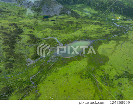 Aerial view of beautiful high altitude grassland mountain landscape Aerial view of beautiful high altitude grassland mountain landscape 124868909
