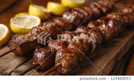 Grilled beef skewers with lemon slices on wooden board. Grilled beef skewers with lemon slices on wooden board. 124869053