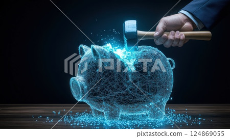 Hand smashing a digital piggy bank with a mallet. 124869055