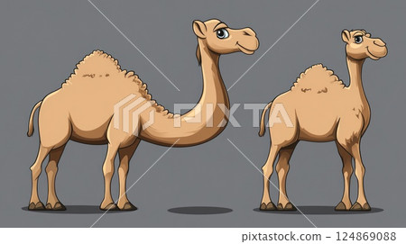 Two cartoon camels, one facing forward, one facing backward, on a gray background. Two cartoon camels, one facing forward, one facing backward, on a gray background. 124869088