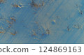 Aerial drone view of cold winter landscape with arctic field, trees covered with frost snow and morning sun rays over horizon. 124869163
