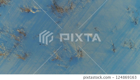 Aerial drone view of cold winter landscape with arctic field, trees covered with frost snow and morning sun rays over horizon. Aerial drone view of cold winter landscape with arctic field, trees covered with frost snow and morning sun rays over horizon. 124869163