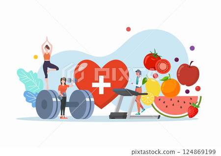 Health and Exercise scene with miniature people 124869199