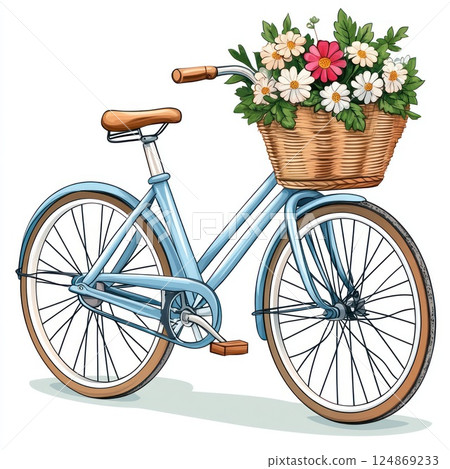 Light blue bicycle with flower basket. 124869233