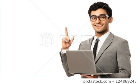 Smiling businessman holding laptop, pointing up, idea. Smiling businessman holding laptop, pointing up, idea. 124869243