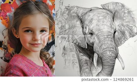 Girl and elephant pencil sketch art. 124869261